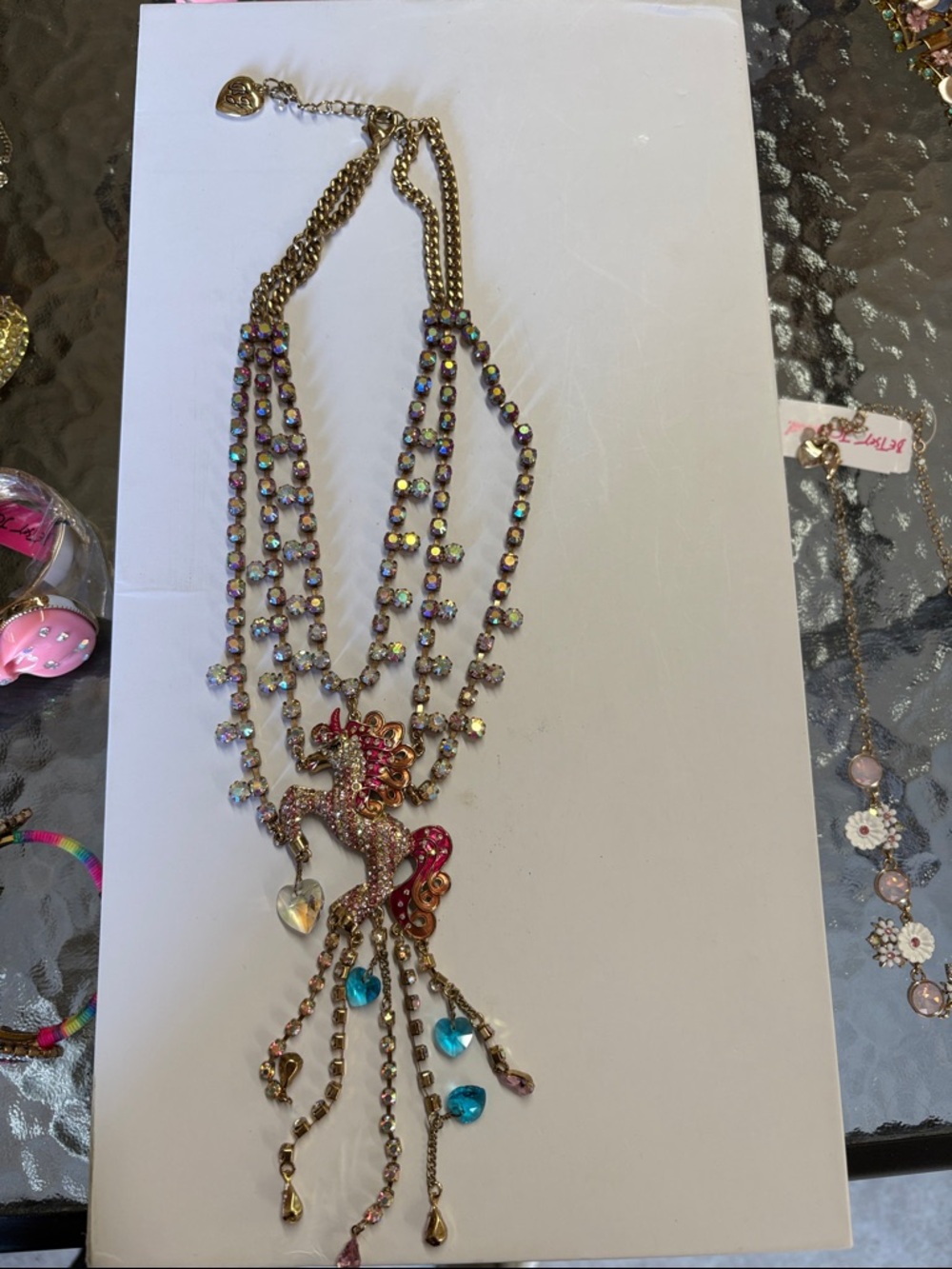Multistrand Gold-Tone Unicorn Necklace with Pink and Blue Crystal Accents
